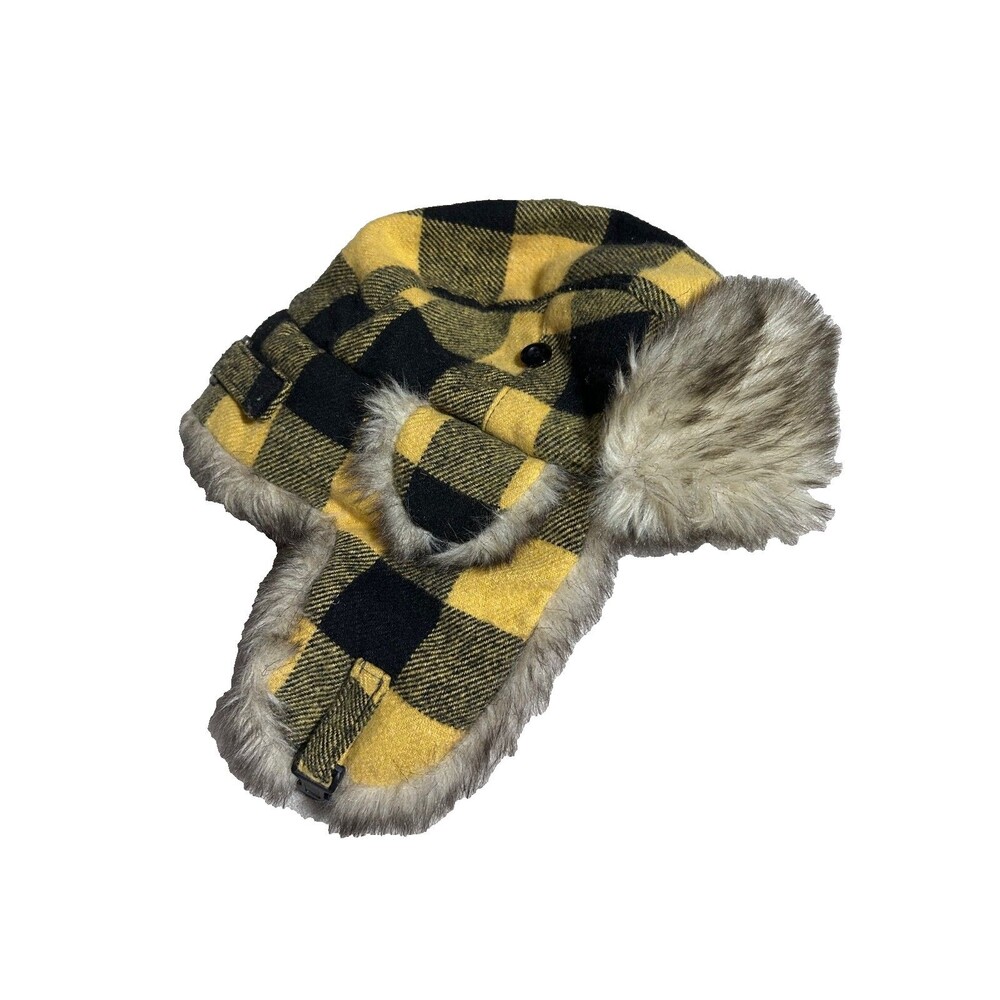 Trapper hat Wool Blend sz M/L Buffalo Plaid Black and Gold
